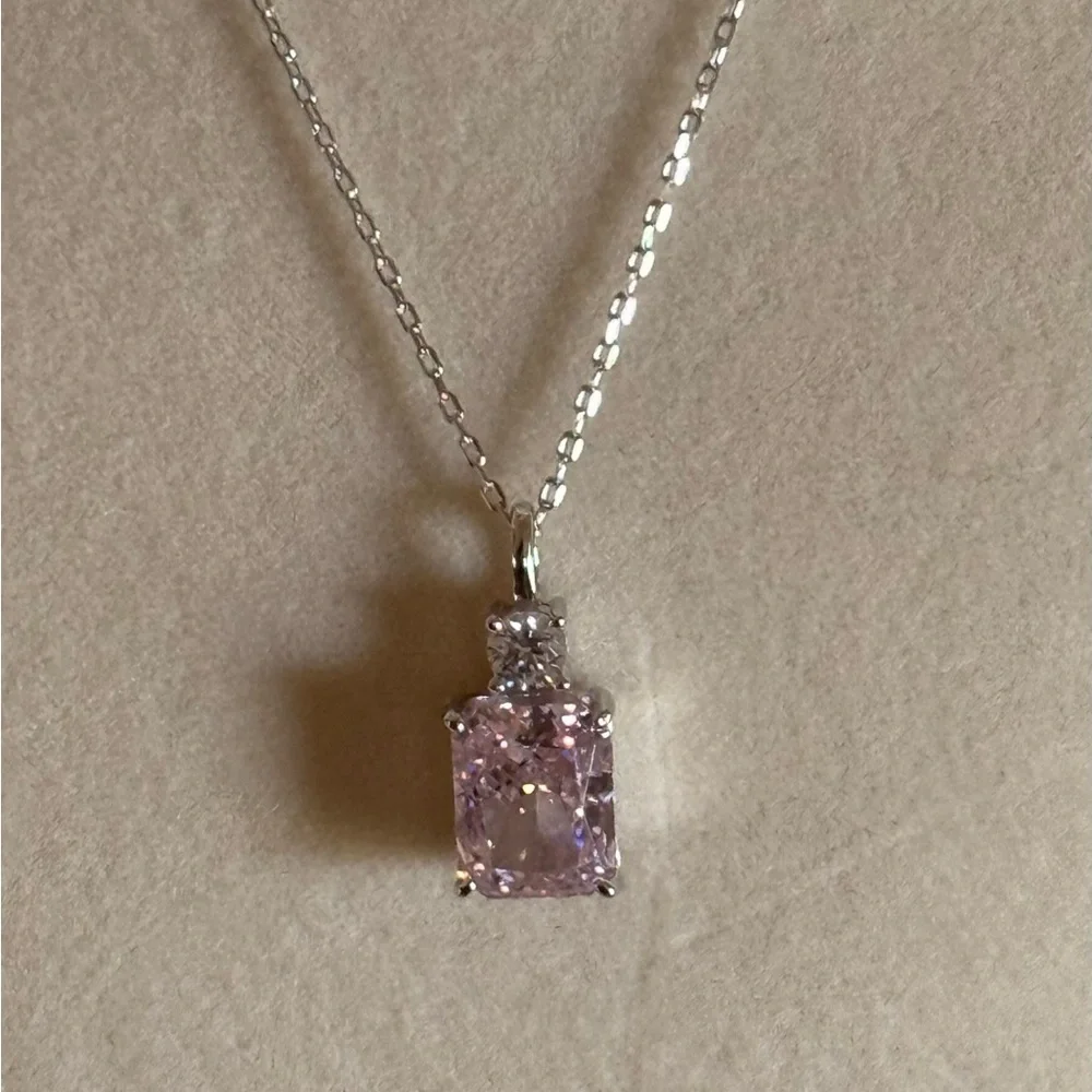 NWOT 925 Sterling Silver Pin Crushed Ice CZ Necklace & Pink Dangling Earrings